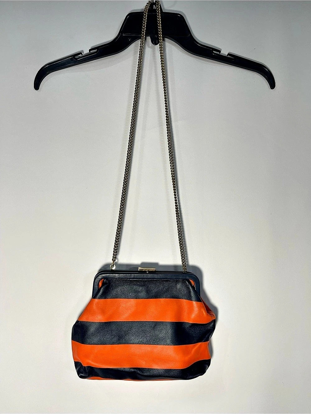 RARE Clare V. Flore Crossbody Bag clutch Orange & Blue stripe gold chain luxury
